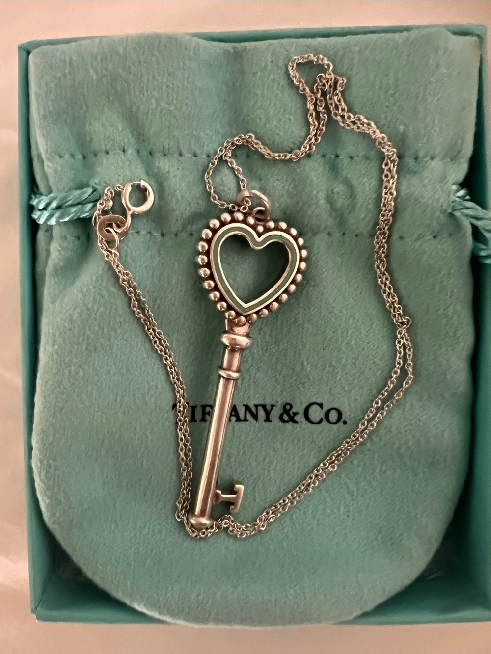 Rare Large Tiffany & Co. Silver and Blue Heart Key Pendant with chain